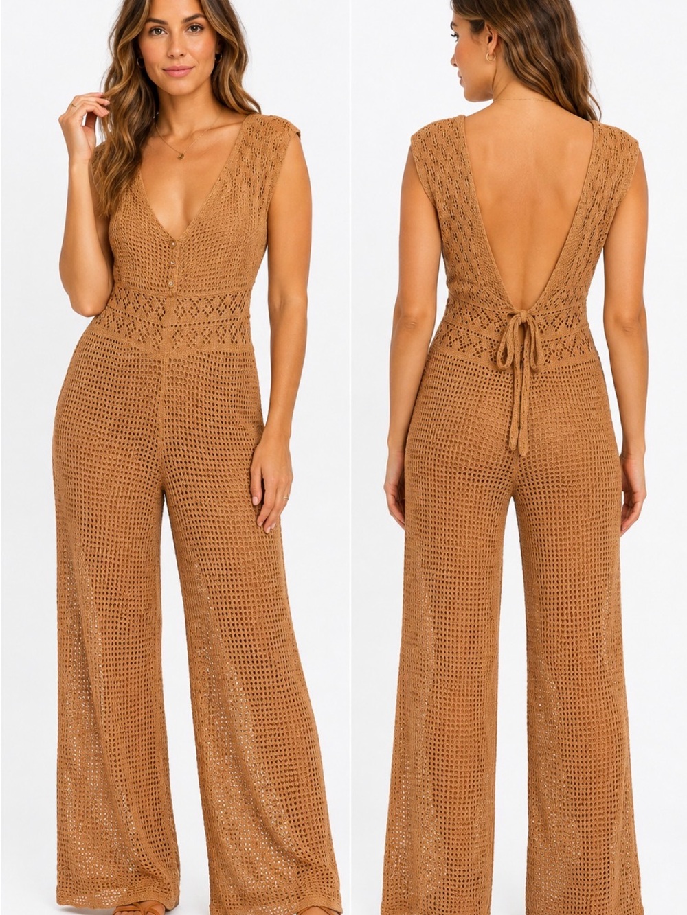 American Eagle Crochet Wide Leg Jumpsuit Swim Cover Up Tan Size S
